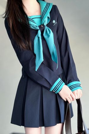 Embroidered Sailor Suit Dress - Long Sleeve College Style Japanese JK Uniform with Pudding Bear Design - Summer Fashion