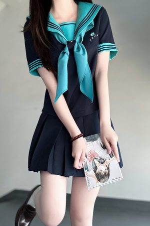 Embroidered Sailor Suit Dress - Long Sleeve College Style Japanese JK Uniform with Pudding Bear Design - Summer Fashion