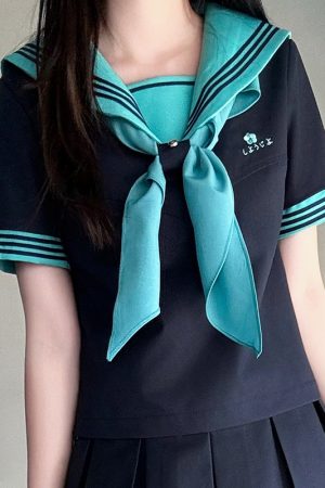 Embroidered Sailor Suit Dress - Long Sleeve College Style Japanese JK Uniform with Pudding Bear Design - Summer Fashion