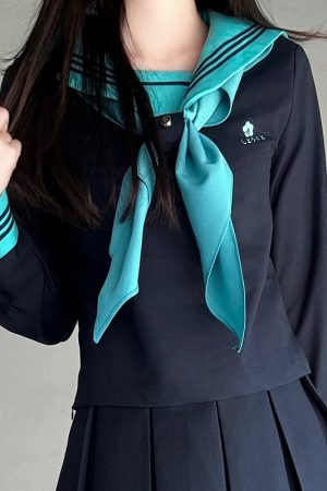 Embroidered Sailor Suit Dress - Long Sleeve College Style Japanese JK Uniform with Pudding Bear Design - Summer Fashion