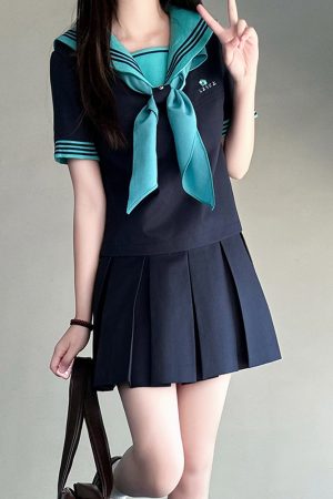 Embroidered Sailor Suit Dress - Long Sleeve College Style Japanese JK Uniform with Pudding Bear Design - Summer Fashion