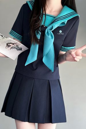 Embroidered Sailor Suit Dress - Long Sleeve College Style Japanese JK Uniform with Pudding Bear Design - Summer Fashion