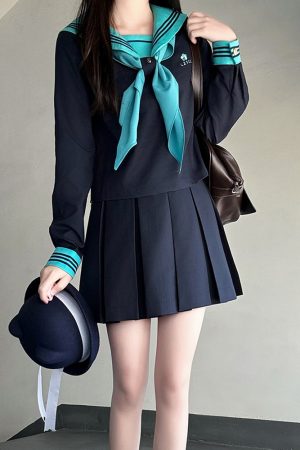Embroidered Sailor Suit Dress - Long Sleeve College Style Japanese JK Uniform with Pudding Bear Design - Summer Fashion