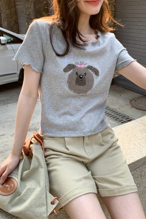 Embroidered Short-Sleeve T-Shirt for Women - Big Round Neck, Summer 2025, Petite Fit, Cute Dog Design, Casual Style