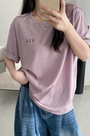 Energetic Rose Print Cotton T-shirt in Japanese Style with Sun Grapefruit and Snowflake Design - Loose Casual Versatile Top