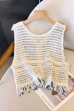 Ethnic Diamond Check Tassel Knitted Vest for Women - Hollow-Out Cardigan for Prairie and Seaside Vacation Style