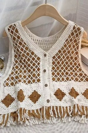 Ethnic Diamond Check Tassel Knitted Vest for Women - Hollow-Out Cardigan for Prairie and Seaside Vacation Style