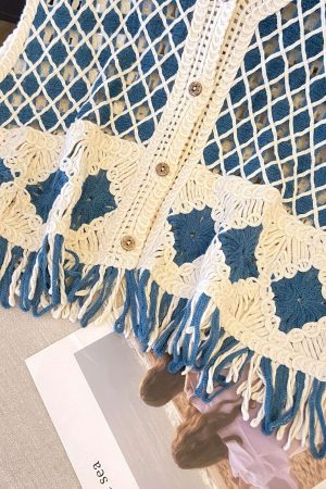 Ethnic Diamond Check Tassel Knitted Vest for Women - Hollow-Out Cardigan for Prairie and Seaside Vacation Style