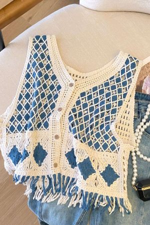 Ethnic Diamond Check Tassel Knitted Vest for Women - Hollow-Out Cardigan for Prairie and Seaside Vacation Style