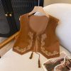 Ethnic Style Brown Suede Embroidered Lace-Up Vest for Women - Versatile Backless Travel Outfit with Artistic Temperament