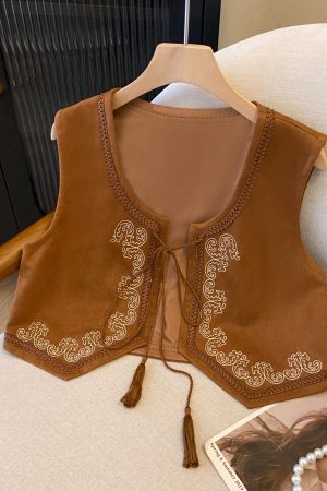 Ethnic Style Brown Suede Embroidered Lace-Up Vest for Women - Versatile Backless Travel Outfit with Artistic Temperament