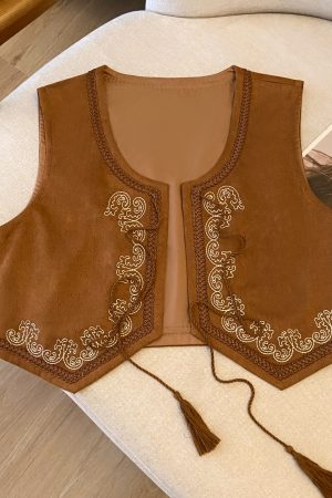Ethnic Style Brown Suede Embroidered Lace-Up Vest for Women - Versatile Backless Travel Outfit with Artistic Temperament