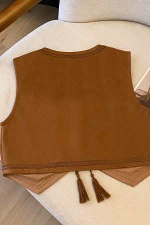 Ethnic Style Brown Suede Embroidered Lace-Up Vest for Women - Versatile Backless Travel Outfit with Artistic Temperament