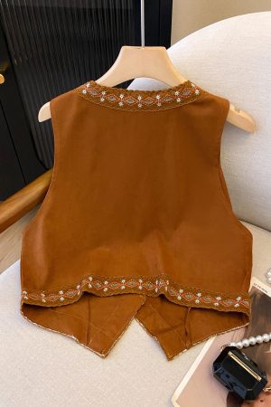 Ethnic Style Brown Suede Vest with Totem Embroidery - Layered Tank Top Jacket for Vacation and Boho Fashion
