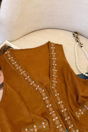 Ethnic Style Brown Suede Vest with Totem Embroidery - Layered Tank Top Jacket for Vacation and Boho Fashion