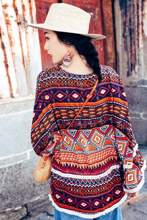 Exotic Ethnic Print Summer Travel Top for Women - Lightweight Sun Protection Shirt with Prairie Style Design