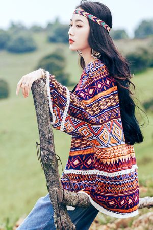 Exotic Ethnic Print Summer Travel Top for Women - Lightweight Sun Protection Shirt with Prairie Style Design