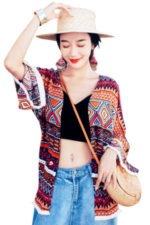 Exotic Ethnic Print Summer Travel Top for Women - Lightweight Sun Protection Shirt with Prairie Style Design