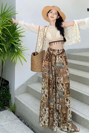Exotic Floor-Length Printed Wide-Leg Pants Skirt with Beaded Camisole for French Style Seaside Vacation