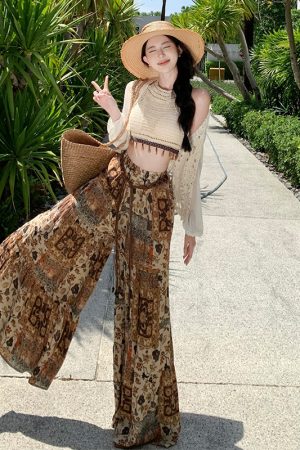 Exotic Floor-Length Printed Wide-Leg Pants Skirt with Beaded Camisole for French Style Seaside Vacation
