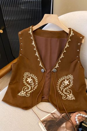 Exotic Heavy Embroidery Studded Cashew Pattern Vest - Retro Suede Cardigan for Vacation, Boho Style, Travel Essential