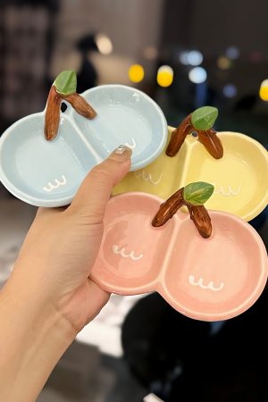 Exquisite Ceramic Divided Plate for Dipping Sauce - Hot Pot & Snack Serving Dish, Cherry Floral Design, Ideal for Entertaining