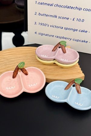 Exquisite Ceramic Divided Plate for Dipping Sauce - Hot Pot & Snack Serving Dish, Cherry Floral Design, Ideal for Entertaining