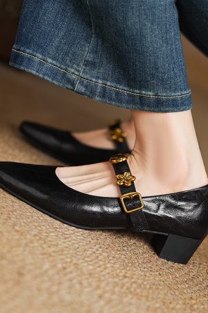 Exquisite Italian Leather Mary Janes for Women - Chunky Mid-Heel Small Heel Shoes, Elegant French Style