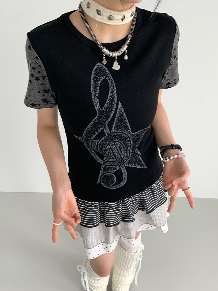 Faded Multicolor Printed T-Shirt for Women - Summer Spliced Flutter Sleeve Short Sleeve Top in Black, White, and Gray Faded Multicolor Printed T-Shirt for Women - Summer Spliced Flutter Sleeve Short Sleeve Top in Black, White, and Gray