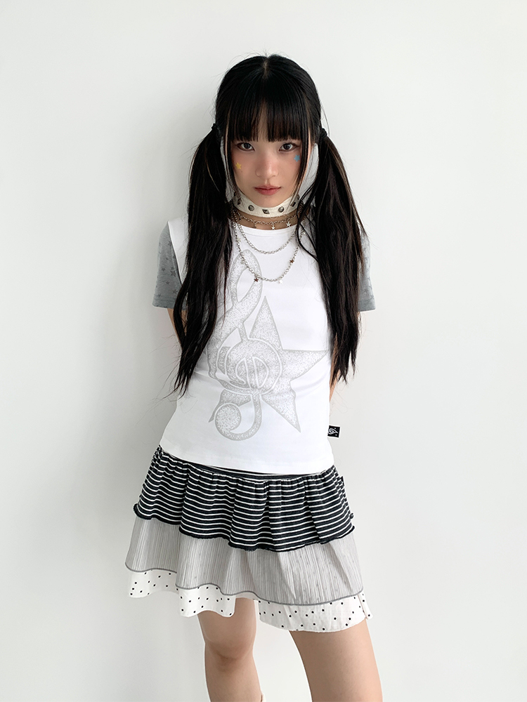 Faded Multicolor Printed T-Shirt for Women - Summer Spliced Flutter Sleeve Short Sleeve Top in Black, White, and Gray Faded Multicolor Printed T-Shirt for Women - Summer Spliced Flutter Sleeve Short Sleeve Top in Black, White, and Gray