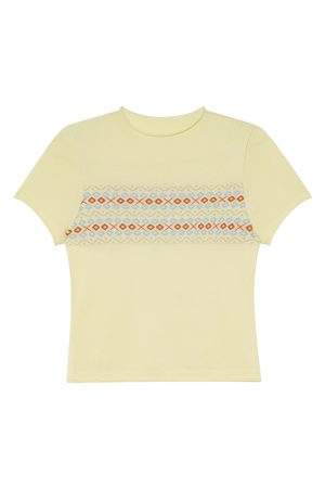 Fair Isle Geometric Jacquard Short-Sleeve T-Shirt for Women, Slim Fit Flattering Summer Style, Trendy Knit Top