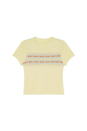 Fair Isle Geometric Jacquard Short-Sleeve T-Shirt for Women, Slim Fit Flattering Summer Style, Trendy Knit Top