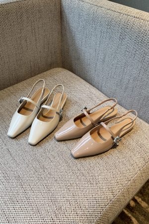 Fairy Style Patent Leather Square Toe Flat Sandals with Rhinestones - 2025 Spring/Summer Women's Closed Toe Low Heel Shoes