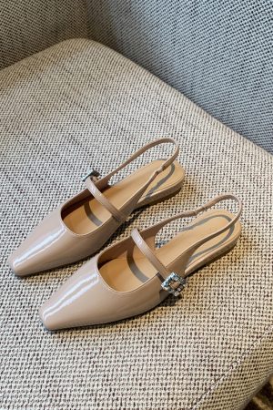 Fairy Style Patent Leather Square Toe Flat Sandals with Rhinestones - 2025 Spring/Summer Women's Closed Toe Low Heel Shoes