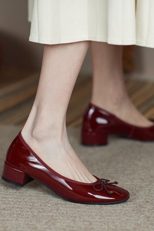 Fairy Style Red Genuine Leather Mid-Heel Bow Shoes for Women - Sweet Wedding and Bridesmaid Footwear