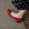 Fairy Style Red Genuine Leather Mid-Heel Bow Shoes for Women - Sweet Wedding and Bridesmaid Footwear