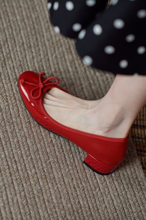 Fairy Style Red Genuine Leather Mid-Heel Bow Shoes for Women - Sweet Wedding and Bridesmaid Footwear