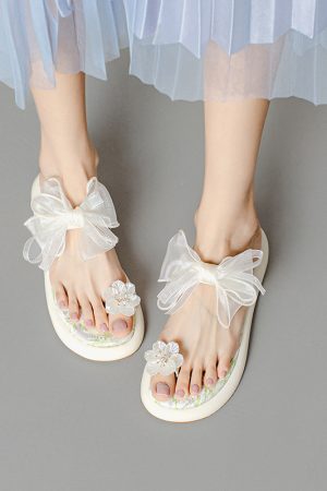 Fairy Style Thick-Soled Flower Bow Open-Toe Slippers One-Strap Sandals for Women - Versatile Outdoor Wear