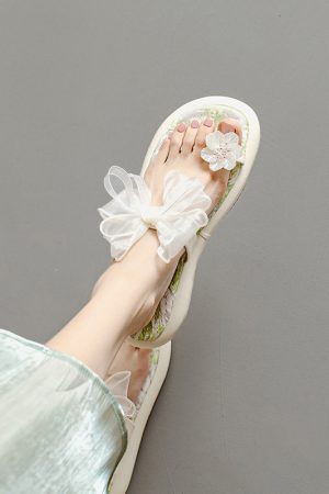 Fairy Style Thick-Soled Flower Bow Open-Toe Slippers One-Strap Sandals for Women - Versatile Outdoor Wear