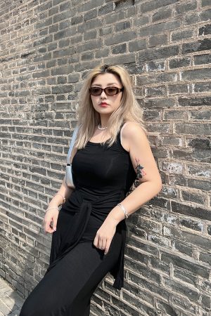 Faux Two-Piece Black Vest Dress - American Street Style Mid-Length Sleeveless Dress with Slimming Fit and Long Skirt