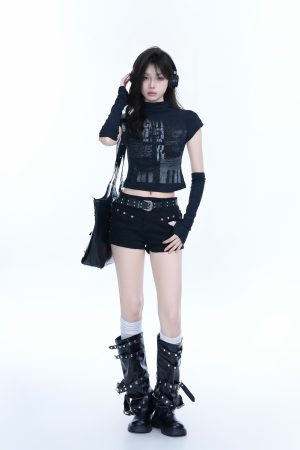 Fitted Cropped Short Sleeve T-Shirt for Women - Spicy Girl Design with Half High Neck, Perfect for Layering, Trendy Style