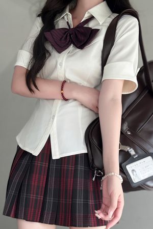 Fitted Short Sleeve Pudding Bear JK Uniform Blouse - Summer Japanese School Style Women's Top for Y2K and Kawaii Fashion