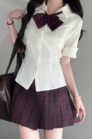 Fitted Short Sleeve Pudding Bear JK Uniform Blouse - Summer Japanese School Style Women's Top for Y2K and Kawaii Fashion