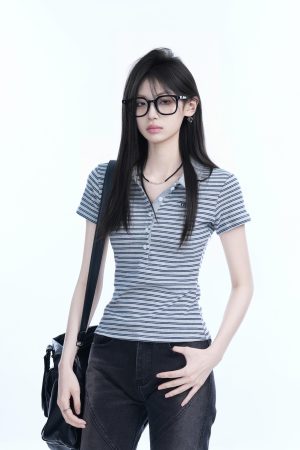Fitted Short-Sleeve Striped Polo Shirt for Women - European American College Style, Slimming Design, Trendy Casual Wear