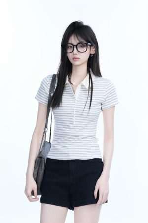 Fitted Short-Sleeve Striped Polo Shirt for Women - European American College Style, Slimming Design, Trendy Casual Wear