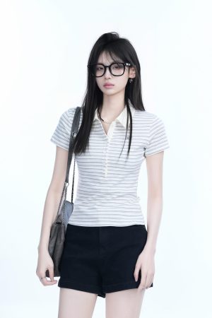 Fitted Short-Sleeve Striped Polo Shirt for Women - European American College Style, Slimming Design, Trendy Casual Wear