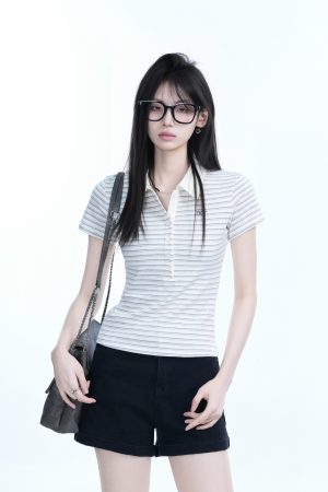 Fitted Short-Sleeve Striped Polo Shirt for Women - European American College Style, Slimming Design, Trendy Casual Wear