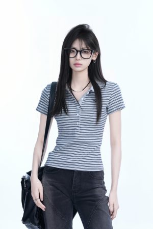 Fitted Short-Sleeve Striped Polo Shirt for Women - European American College Style, Slimming Design, Trendy Casual Wear