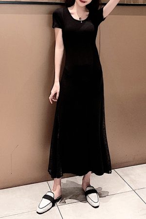 Fitted Spliced Short-Sleeve Dress, Modal, Slimming Lace Round Neck, Black Long Dress, 2025 Summer Style, European American Fashion