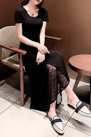 Fitted Spliced Short-Sleeve Dress, Modal, Slimming Lace Round Neck, Black Long Dress, 2025 Summer Style, European American Fashion